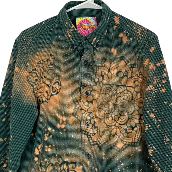 Handmade Boho Flannel Shirt Womens Medium Large Stencil Bleached Houndstooth - Picture 3 of 13